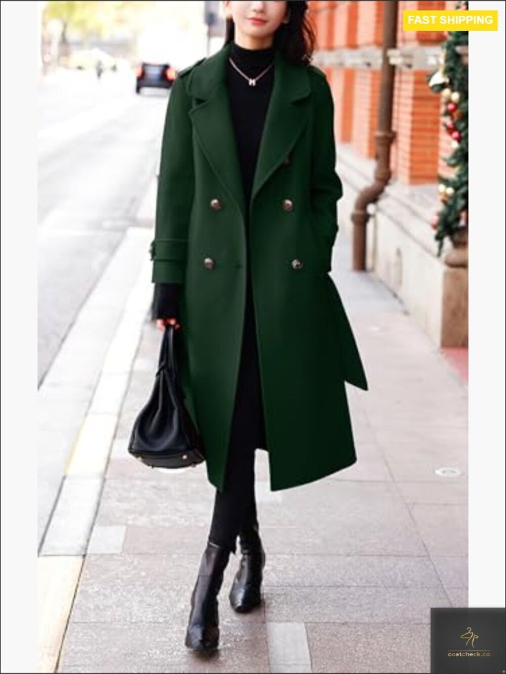 Wool Pea Coat Double Breasted Belted Midi Long Winter Overcoat Classic Chic - Picture 5 of 7